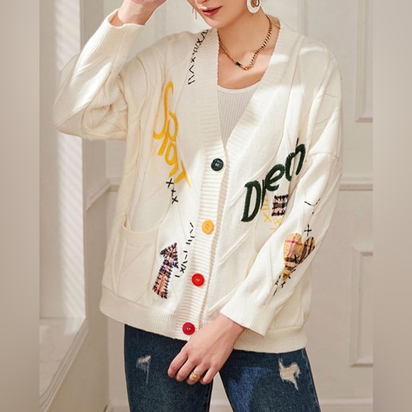 Embroidered Cream Cardigan Sweater - Picture 8 of 9